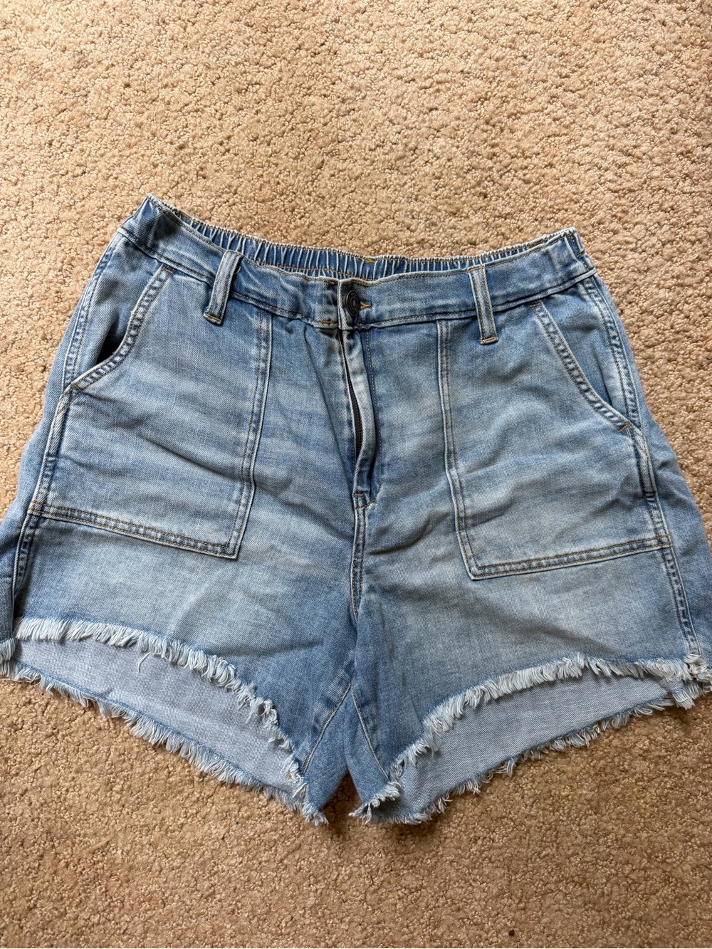 aerie Light Wash Denim Frayed Hem Shorts